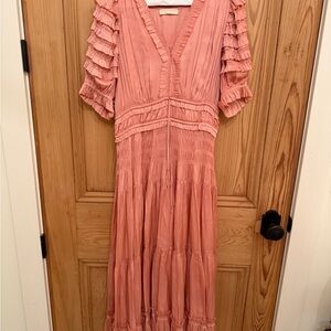 Ulla Johnson Blush Midi Dress with Ruffled Sleeves